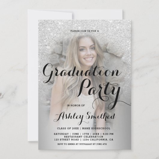 Silber Glitzer ombre Metallischer Foto Abschluss Einladung (Vorderseite)