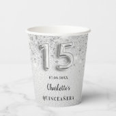 Silber-Glitzer Quinceanera Name elegantes Party Pappbecher (Rückseite)