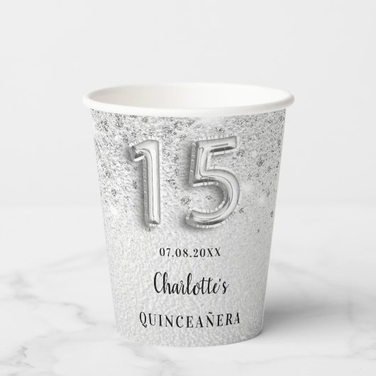 Silber-Glitzer Quinceanera Name elegantes Party Pappbecher (Rückseite)