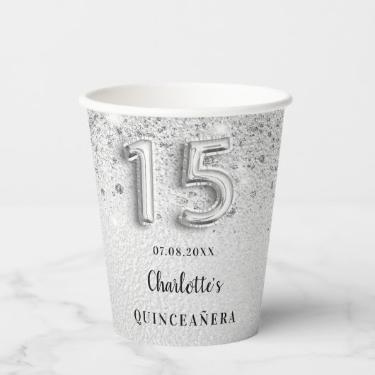Silber-Glitzer Quinceanera Name elegantes Party Pappbecher (Vorderseite)