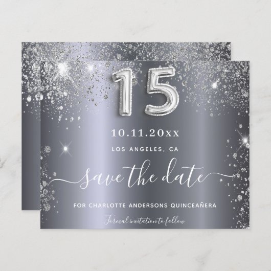 Silber-Glitzer Quinceanera Save the Date (Vorne/Hinten)