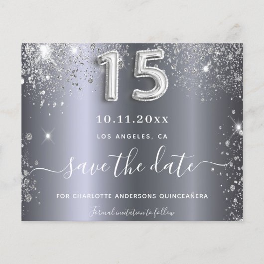 Silber-Glitzer Quinceanera Save the Date (Vorderseite)