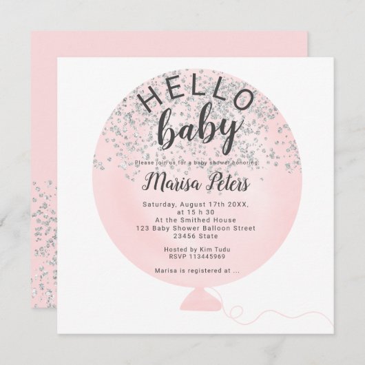 Silber Glitzer Rosa Ballon Babydusche Einladung (Vorne/Hinten)