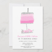 Silber Glitzer Rosa Blumenkuchen erster Geburtstag Einladung (Vorderseite)