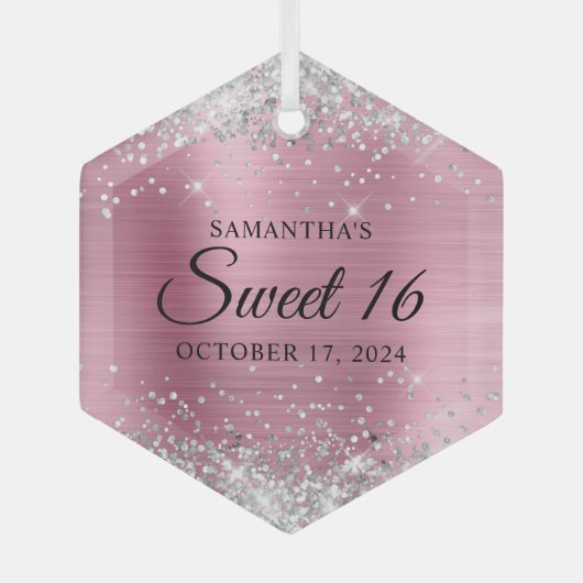 Silber Glitzer Rosa Foil Sweet 16 Ornament Aus Glas (Vorderseite)