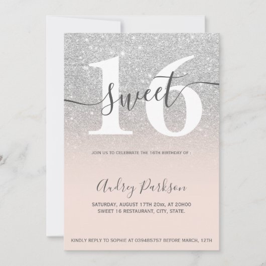 Silber Glitzer rot rosa ombre Girly Sweet 16 Einladung (Vorderseite)