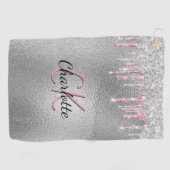 Silber-Glitzer-Tropfen Metall-Rosa-Monogramm Golfhandtuch (Horizontal)