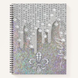 Silber-Glitzer und Diamanten auf Regenbogen-Glitze Notizblock