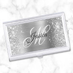 Silber-Glitzer und Extravagantes Schwarzweiß-Monog Visitenkarten Dose<br><div class="desc">Erstellen Sie Ihre eigenen Imitate funkelnd silberner Glitzer und silbergraue Highlight ombre Satin-Folie Visitenkartenhalter. Auf der Vorderseite befindet sich ein extravagant-schwarz-weißes Schriftzeichen-Monogramm. Sie können die Farbe und den Stil des Schriftartes anpassen. Ein mädchenhaftes Design für Veranstaltungsplaner. Das ganze Funkeln und Glanz wird mit gedruckter digitaler Grafik erzeugt.</div>