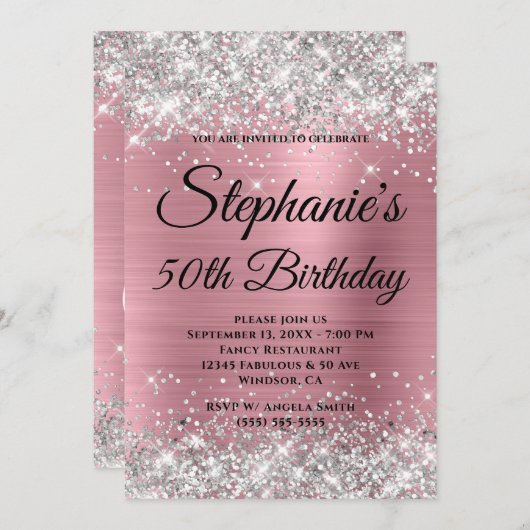 Silber-Glitzer und rosafarbene Extravagante Monogr Einladung (Vorne/Hinten)