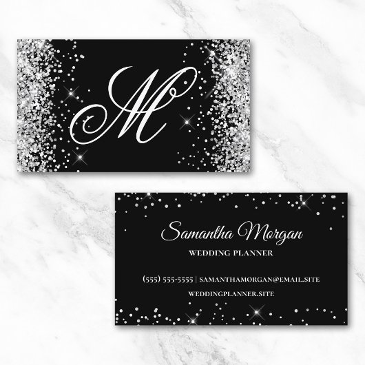 Silber Glitzer und Schwarz Extravagant Mit Monogra Visitenkarte