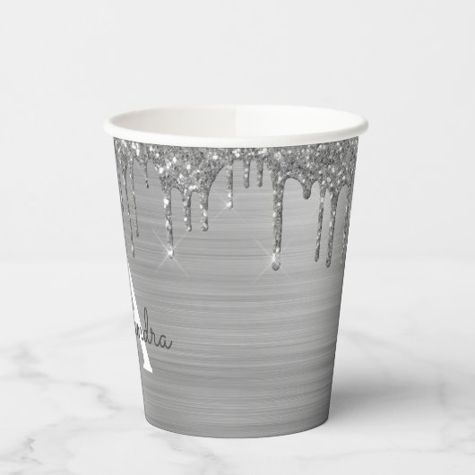Silber-Glitzer- und Sparkronen-Monogramm-Papiergru Pappbecher (Links)