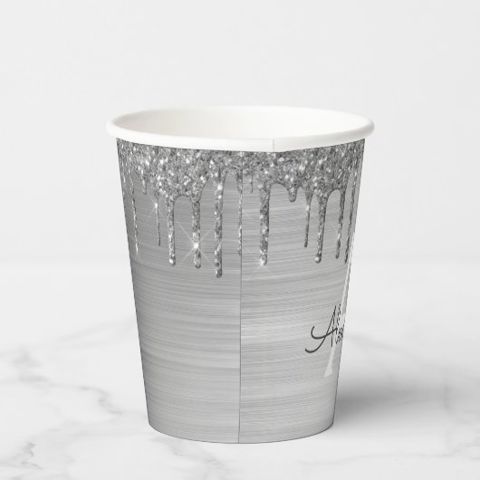 Silber-Glitzer- und Sparkronen-Monogramm-Papiergru Pappbecher (Rechts)