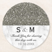 Silber-Glitzer- und Weißmarmor-Hochzeitsmonogramm Runder Pappuntersetzer (Vorderseite)