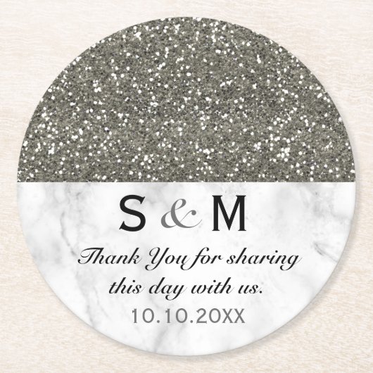 Silber-Glitzer- und Weißmarmor-Hochzeitsmonogramm Runder Pappuntersetzer (Vorderseite)