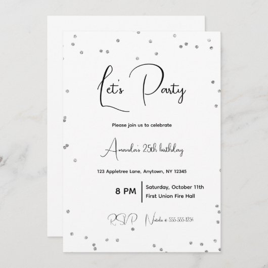 Silber-Glitzern Voll anpassbares Party Einladung (Vorne/Hinten)