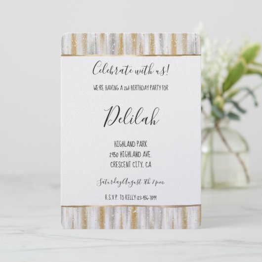 Silber Gold Glam Streifen Geburtstag Einladung (Stehend Vorderseite)