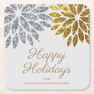 Silber-Gold-Glitter-Blumen Happy Holidays Rechteckiger Pappuntersetzer