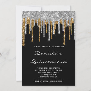 Silber-Gold-Glitter-Tropfen Schwarze Quinceañera Einladung