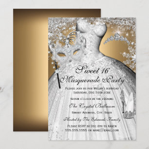 Silber Gold Prinzessin Maskenball Süße 16 Einladun Einladung