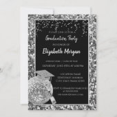 Silber-Graduierungskappe, Disco-Ball, Wein, Sequin Einladung (Vorderseite)