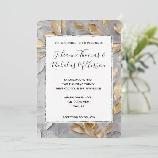 Silber Grau Goldene Blätter Hochzeit Einladung (Stehend Vorderseite)