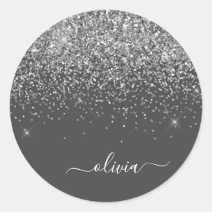 Silber Grau Mädchen Glitter Glanz Monogramm Name Runder Aufkleber