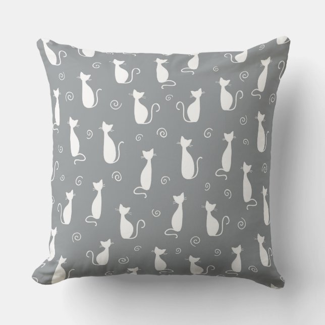 SILBER GRAU MIT WEISSEN KATZSILHOUETTEN KISSEN (Vorderseite)