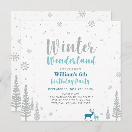 Silber, Green Winter Wonderland Boy Birthday Party Einladung (Vorne/Hinten)