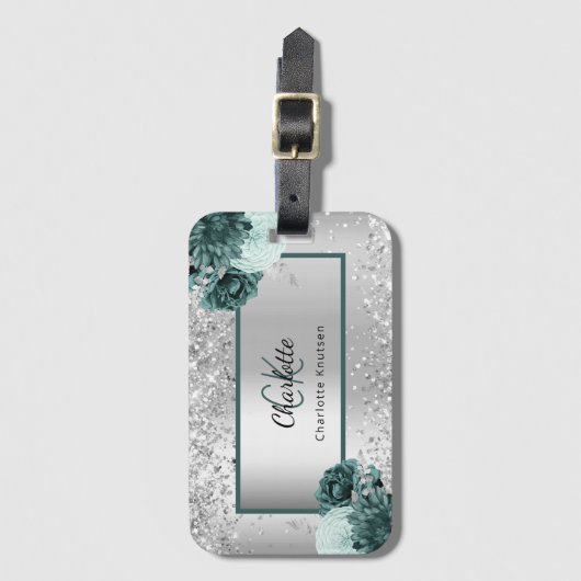 Silber-grüne Blume eleganter Monogrammname Gepäckanhänger (Vorderseite Vertikal)