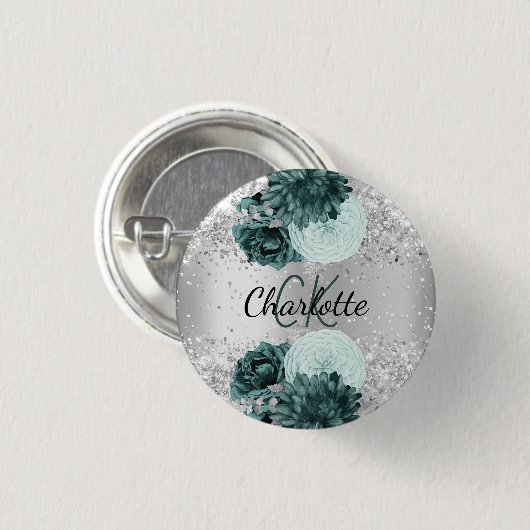 Silber grüne Blumen elegantes Namensschild Button (Vorne & Hinten)