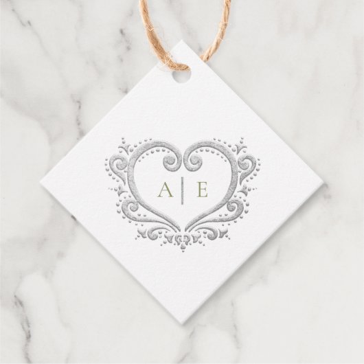 Silber Herz-Monogramm Initialen Farn grüne Hochzei Geschenkanhänger (Vorderseite)