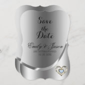 Silber Hintergrund und Diamant Herz Save the Date Einladung (Vorne/Hinten)