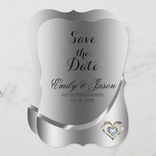Silber Hintergrund und Diamant Herz Save the Date Einladung (Vorne/Hinten)