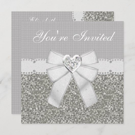 Silber-Imitat Glitzer & White Sparkle Herzmuschel Einladung (Vorne/Hinten)