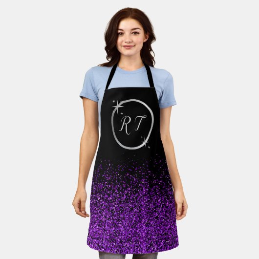 Silber-Initialmonogramm mit lila Glitzer | Schürze (Getragen)