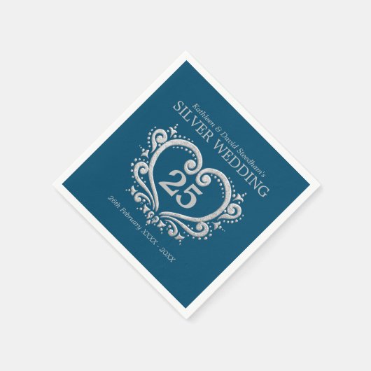 Silber Jubiläum Herznamen blau silber Serviette (Ecke)