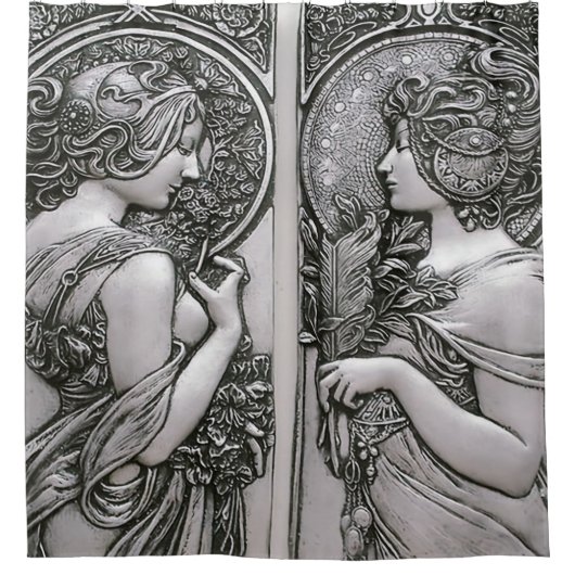 Silber ,Jugendstil ,Design, Frauen,Mucha,Schönheit Duschvorhang (Vorderseite)
