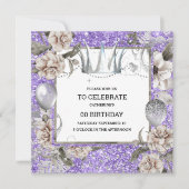 Silber Kronen Shabby Chic Blumenkohl Glitzer lila Einladung (Vorderseite)