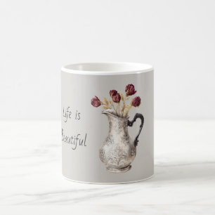 Silber-Krug-Vase rote Rosenblumen Kaffeetasse
