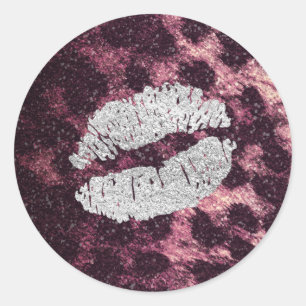 Silber Kuss Lippen Glitter Funkelnd Cheetah Leopar Runder Aufkleber