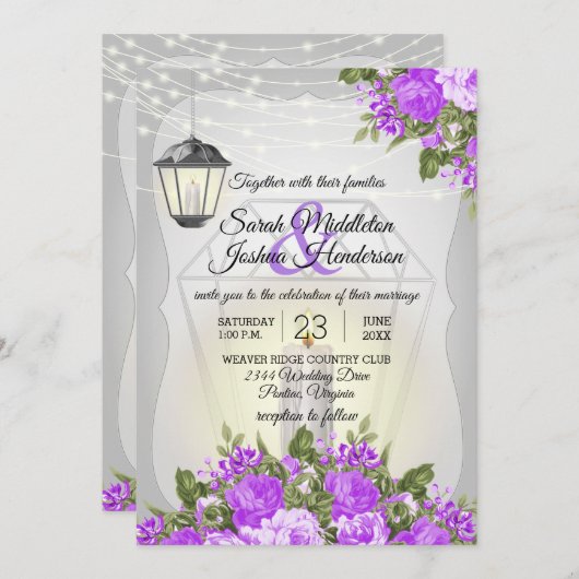Silber Lanterns und Lila Blume Hochzeit Einladung (Vorne/Hinten)