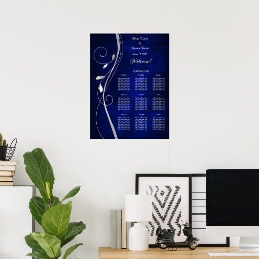Silber Leaf Swirl Blue Wedding Seating Chart Poster (Heimbüro)