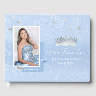 Silber leichte Babyblaue Rosen Foto Quinceanera Gästebuch
