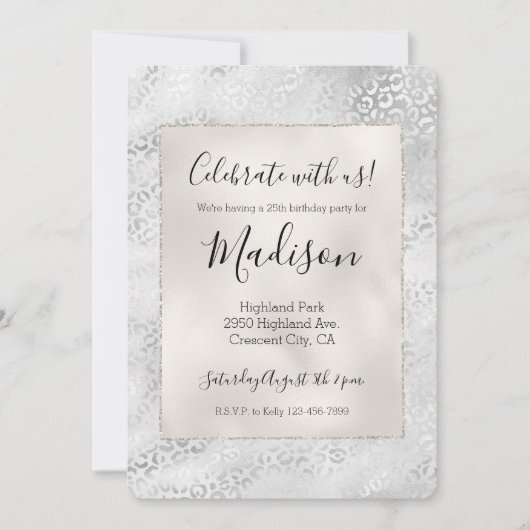 Silber Leopard Print personalisiert Einladung (Vorderseite)
