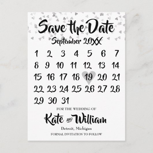 Silber-Liebe-Herzkalender Ankündigungspostkarte (Vorderseite)