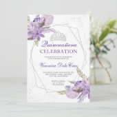 Silber lila florale Aquarell Quinceanera Einladung (Stehend Vorderseite)