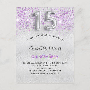 Silber-lila Glitzer in Quinceanera sinkt Einladungspostkarte