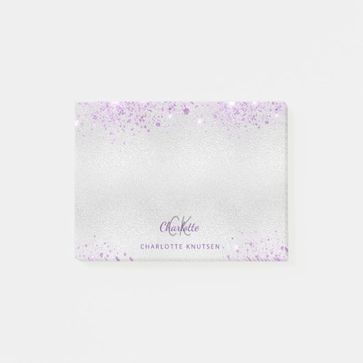 Silber lila Glitzer Metallische Monogrammbezeichnu Post-it Klebezettel (Vorderseite)