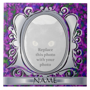 Silber Lila oval Foto Rahmen mit Namenszug Fliese